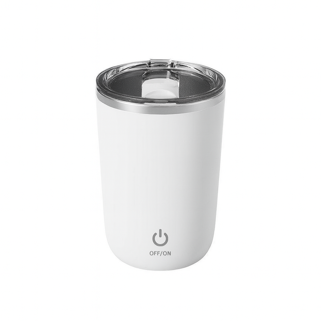 White tumbler with a clear lid on a white background